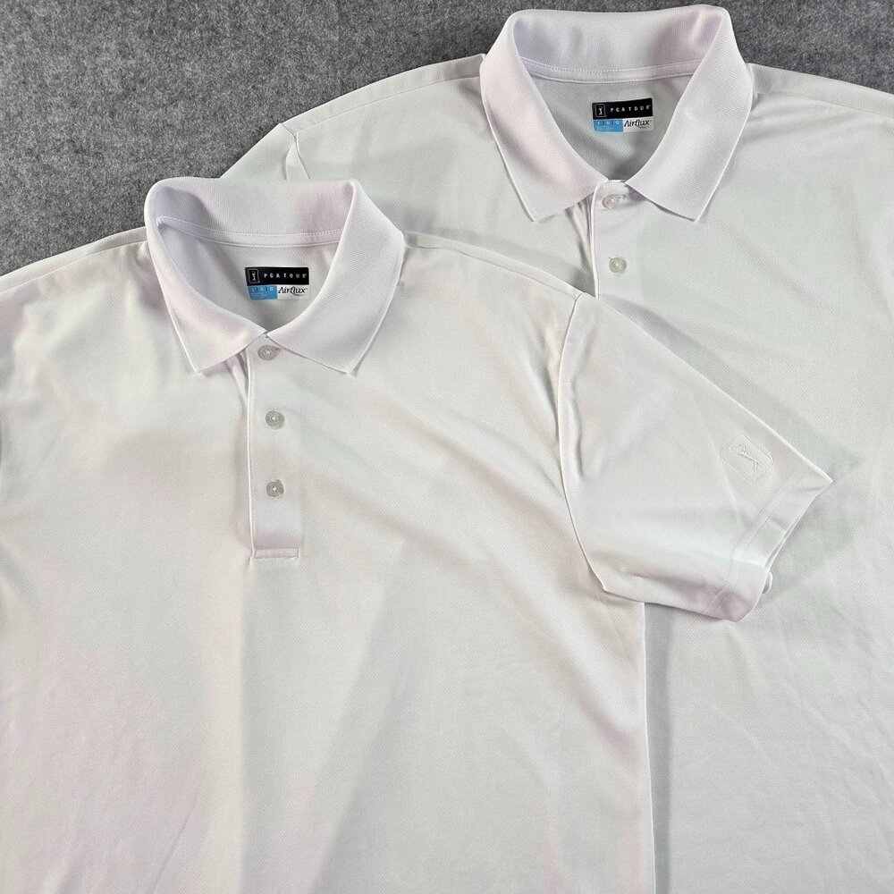 LOT of 2 - PGA TOUR AirFlux Men’s White Short Sleeve Golf Polo Shirt Size L